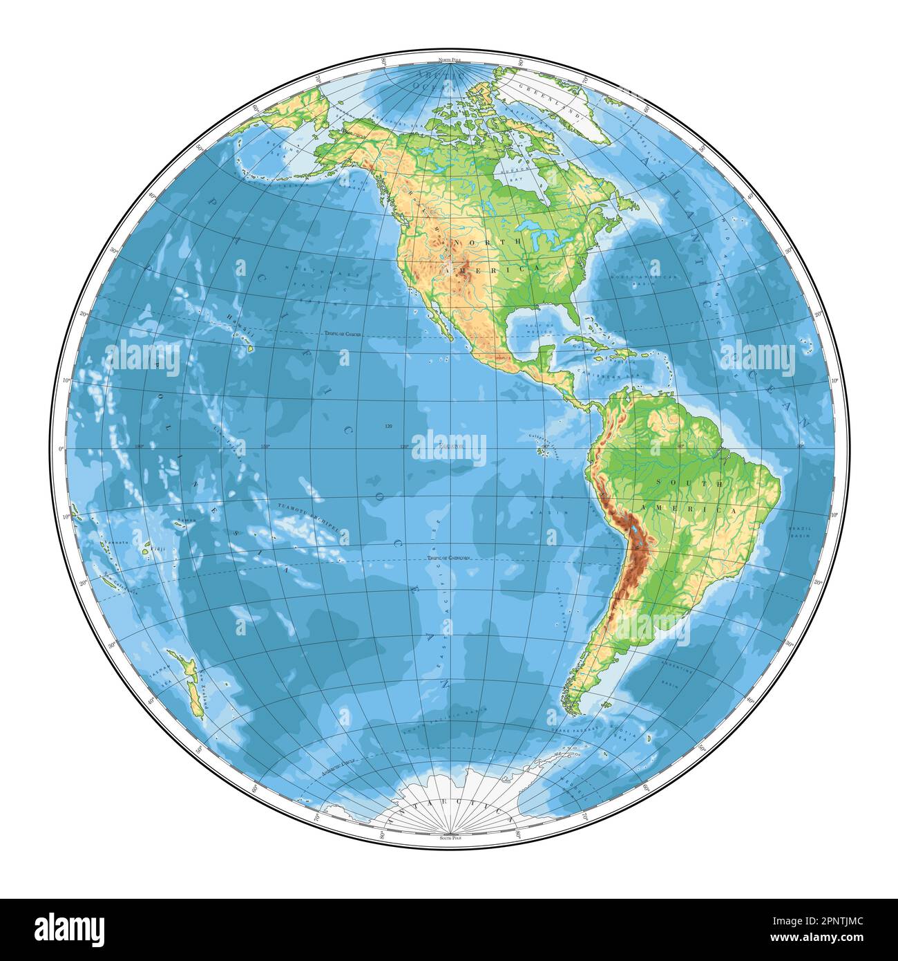 Mappa del mondo fisico altamente dettagliata in forma di globo della Terra. Proiezione globulare Nicolosi – piatta. Illustrazione Vettoriale