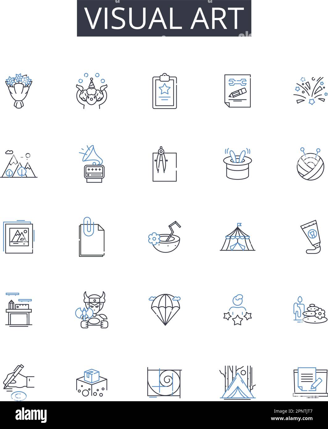 collezione di icone di linee di arte visiva. Artigianato, arti uditive, arti dello spettacolo, poesia concreta, moda di lusso, Disegno grafico, vettore di arte tessile e. Illustrazione Vettoriale