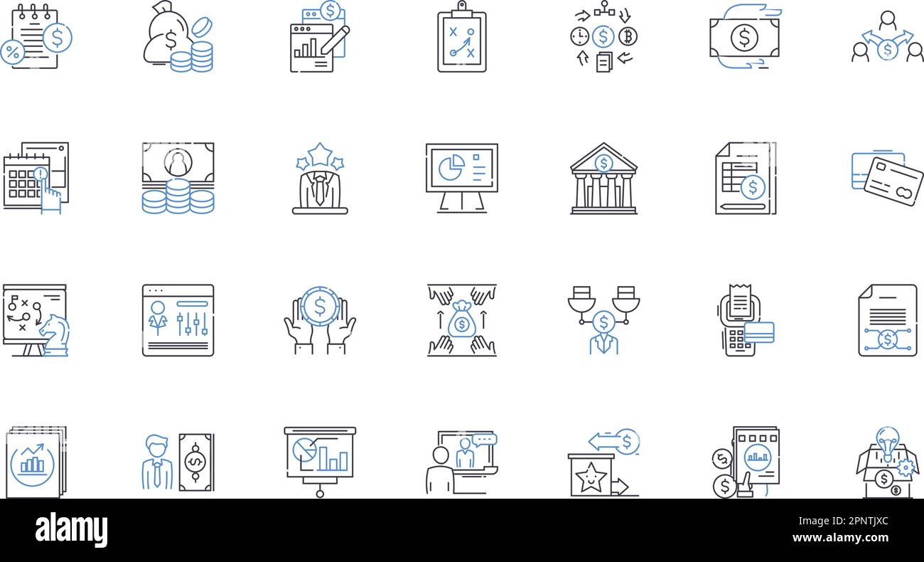 Raccolta icone riga area fiscale. Bilancio, entrate, imposte, deficit, avanzo, Previsione, vettore dell'anno fiscale e illustrazione lineare. Inflazione Illustrazione Vettoriale