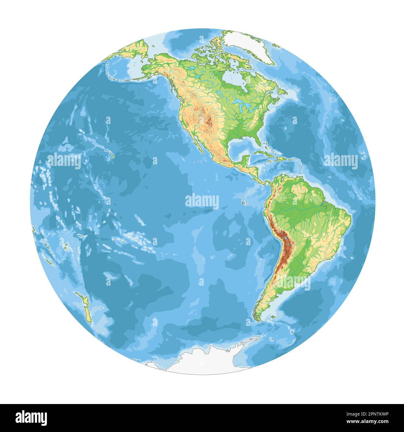 Mappa del mondo fisico altamente dettagliata in forma di globo della Terra. Proiezione globulare Nicolosi – piatta. Illustrazione Vettoriale