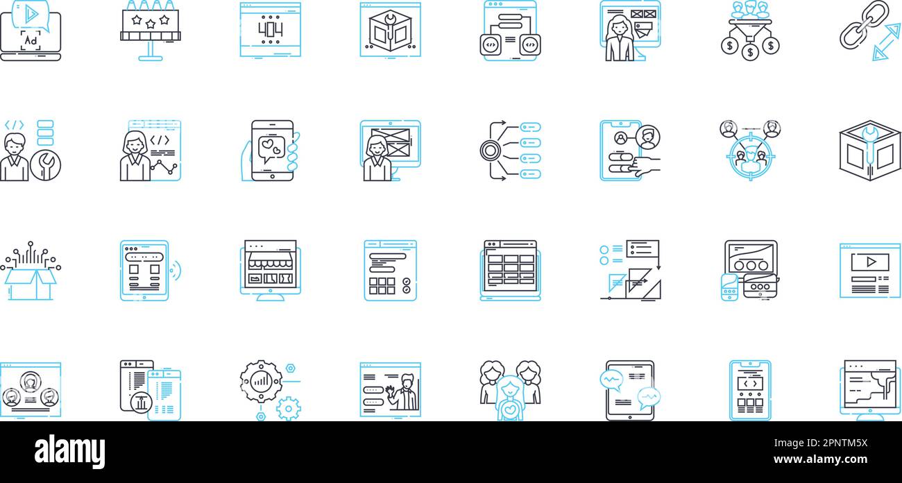 Set di icone lineari di social marketing. Coinvolgimento, virale, hashtag, Influencer, condivisibile, Memi, vettore di linea di impegno e segnali concettuali. Autenticità Illustrazione Vettoriale