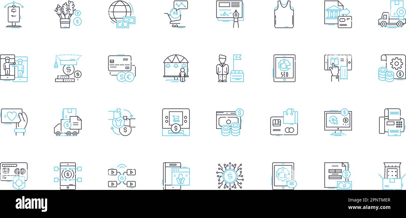 Set di icone lineari per il processo di pagamento. Transazione, fattura, pagamento, prelievo, deposito, Autorizzazione, vettore di linea di verifica e segnali concettuali Illustrazione Vettoriale