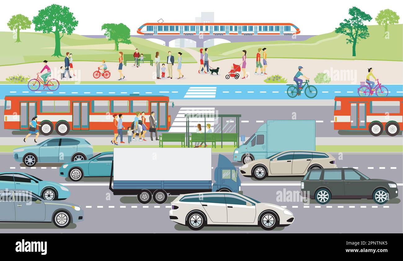 Fermata dell'autobus, pista ciclabile e informazioni sul traffico stradale Illustrazione Vettoriale