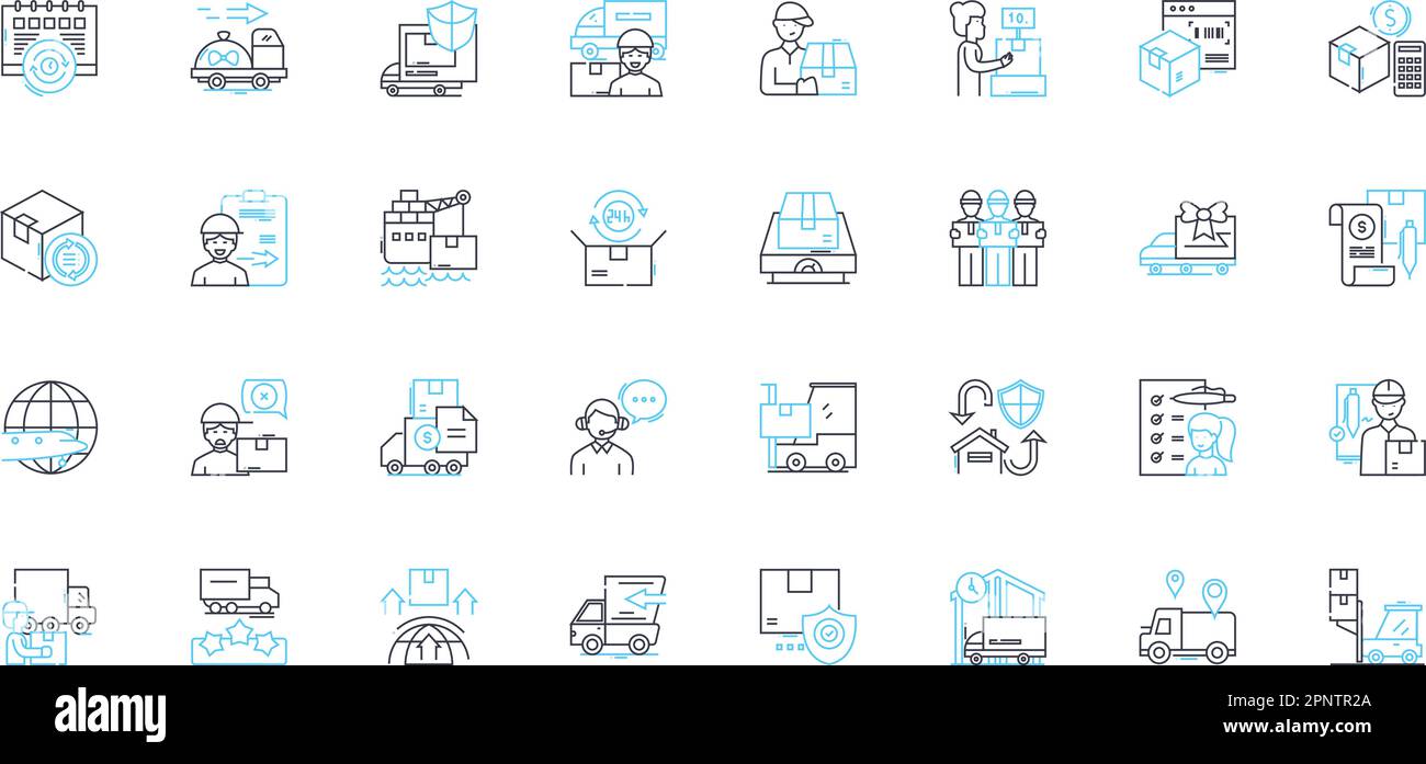 Set di icone lineari per la fornitura di magazzino. Inventario, magazzino, logistica, rifornimenti, deposito, Stoccatione, vettore della linea di distribuzione e segnaletica concettuale Illustrazione Vettoriale