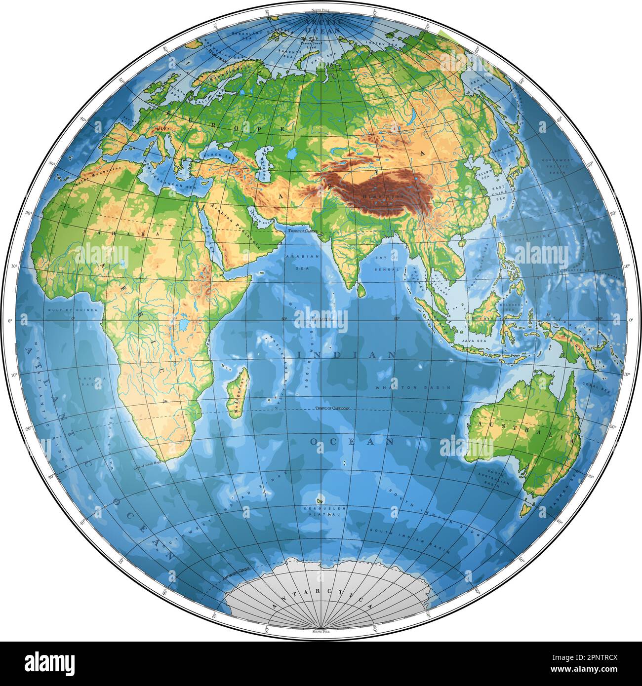 Mappa del mondo fisico altamente dettagliata in forma di globo della Terra. Proiezione globulare Nicolosi – 3D. Illustrazione Vettoriale Mappa del mondo fisico altamente dettagliata in forma di globo della Terra. Proiezione globulare Nicolosi – 3D. Illustrazione Vettoriale