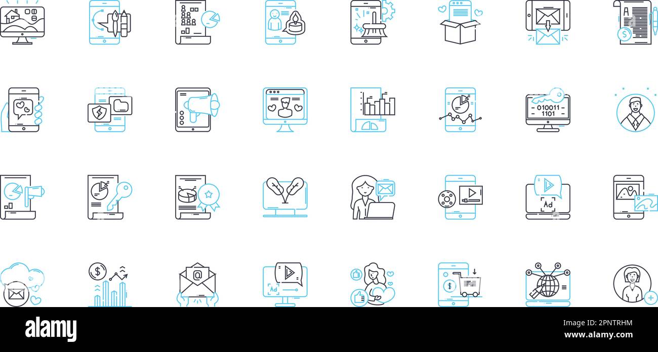 Set di icone lineari per la tecnologia Web. HTML, CSS, JavaScript, API, Framework, Segnali vettoriali e concettuali di linea back-end reattivi. Frontend,Database,CMS Illustrazione Vettoriale