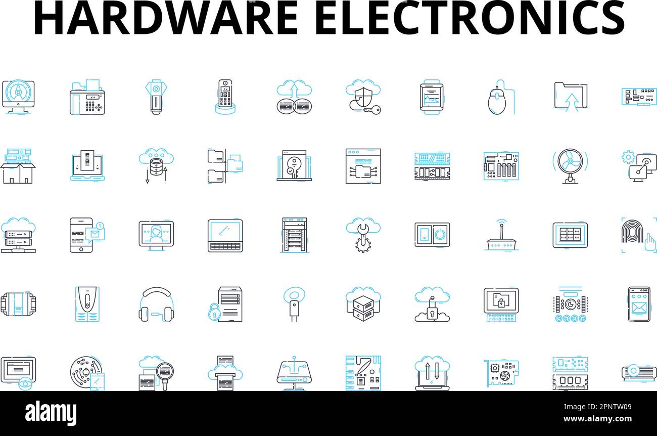 set di icone lineari per componenti elettronici hardware. Circuiti, microcontrollore, condensatore, transistor, diodo, Resistori, simboli vettoriali semiconduttori e linea Illustrazione Vettoriale