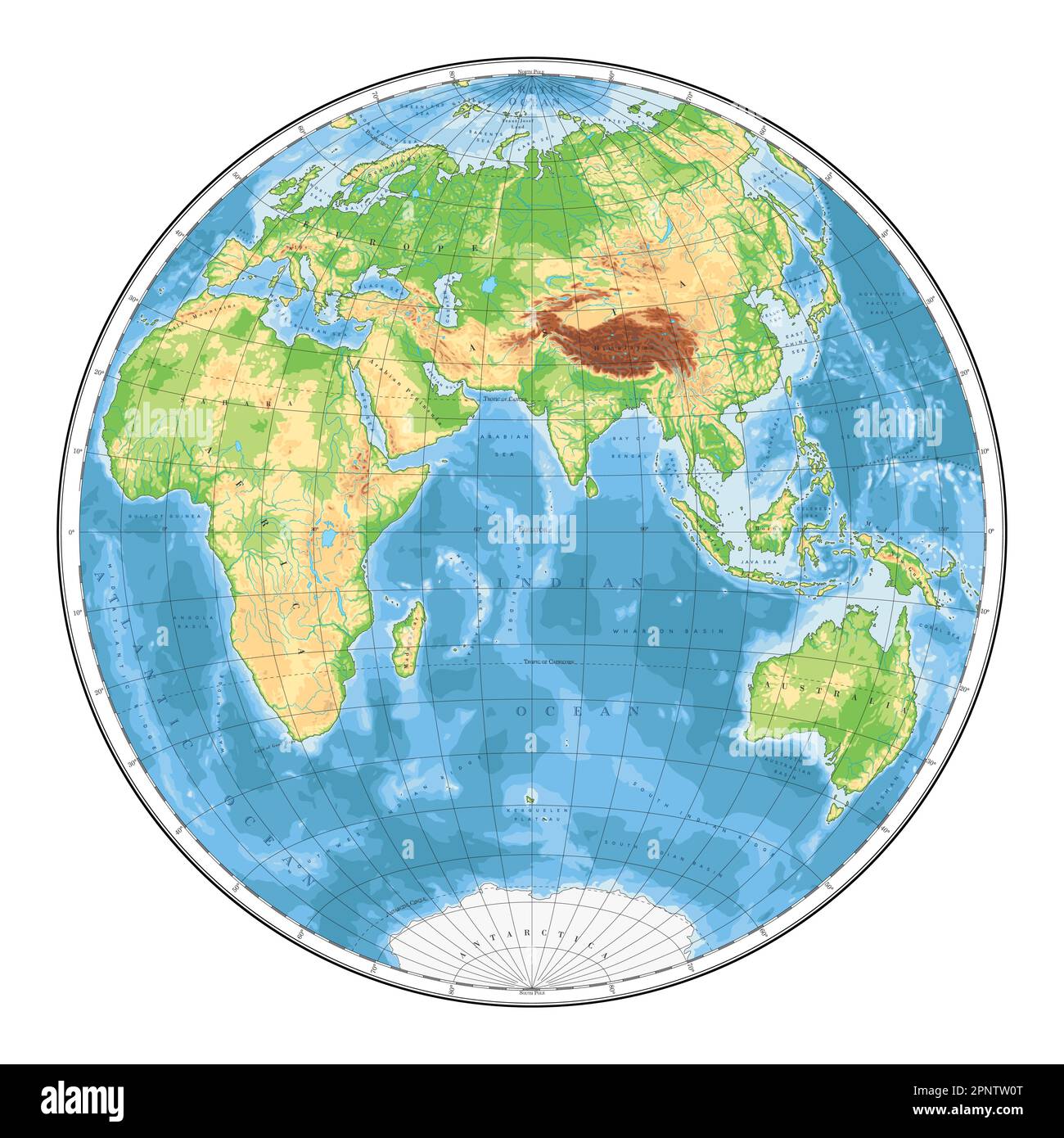 Mappa del mondo fisico altamente dettagliata in forma di globo della Terra. Proiezione globulare Nicolosi – piatta. Illustrazione Vettoriale Mappa del mondo fisico altamente dettagliata in forma di globo della Terra. Proiezione globulare Nicolosi – piatta. Illustrazione Vettoriale