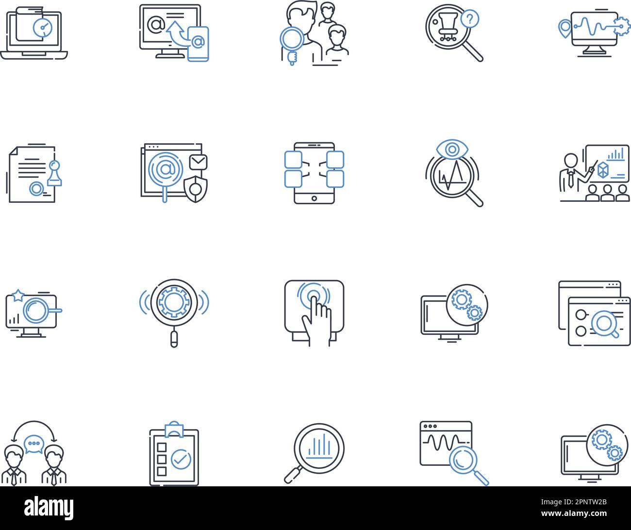 Cercare la collezione di icone della linea. Ricerca, indaga, esplori, scan, scrutini, Analizzare, esaminare l'illustrazione vettoriale e lineare. Controllo, ricerca, sondaggio Illustrazione Vettoriale