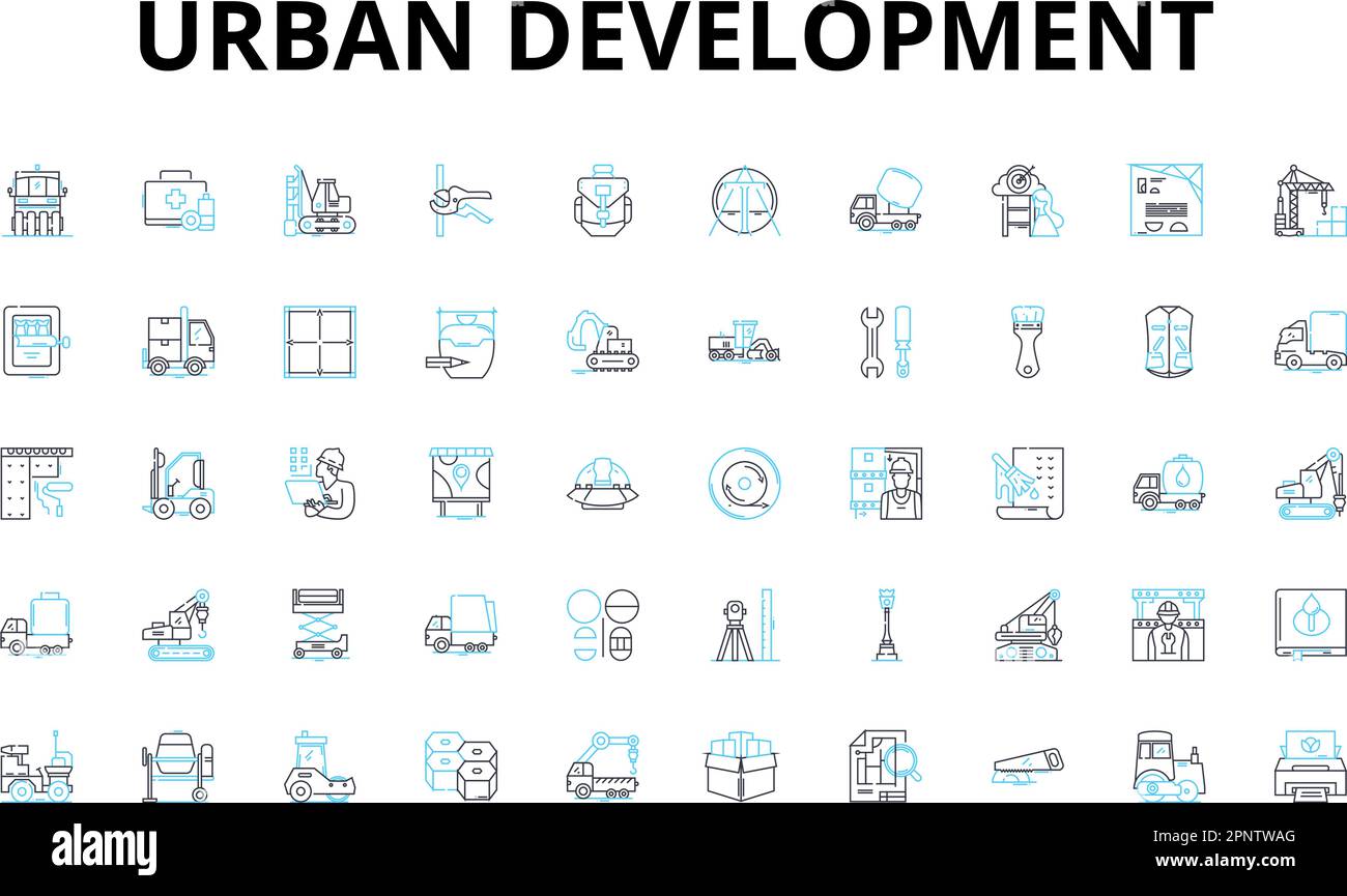 Set di icone lineari per lo sviluppo urbano. Gentrificazione, sviluppo, densità, infrastruttura, zonizzazione, Proliferazione incontrollata, rivitalizzazione dei simboli vettoriali e della linea Illustrazione Vettoriale