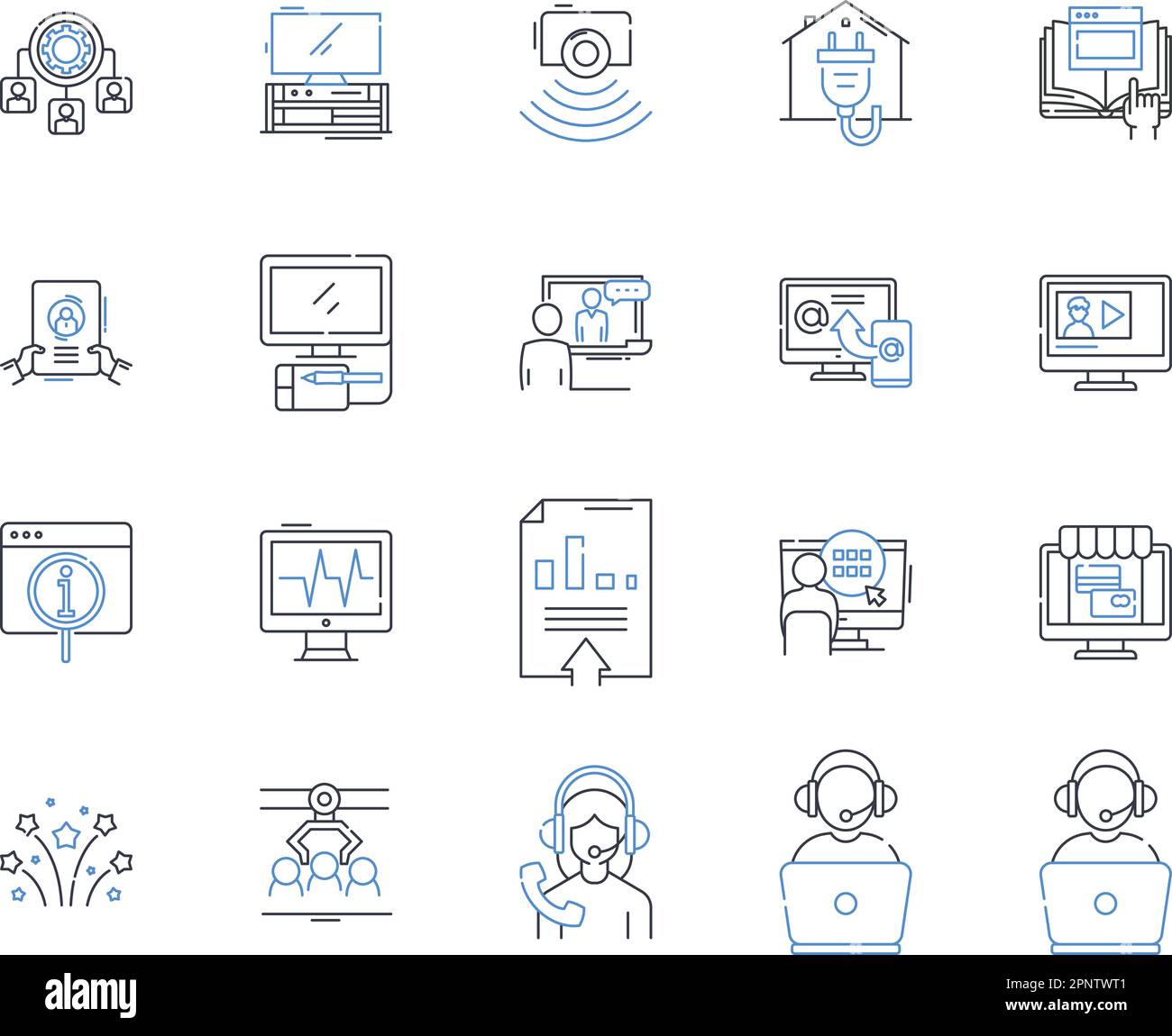 Collezione di icone della linea del conglomerato di intrattenimento. Hollywood, Multimedia, Blockbuster, Franchise, cultura pop, Film, Televisione vettoriale e lineare Illustrazione Vettoriale