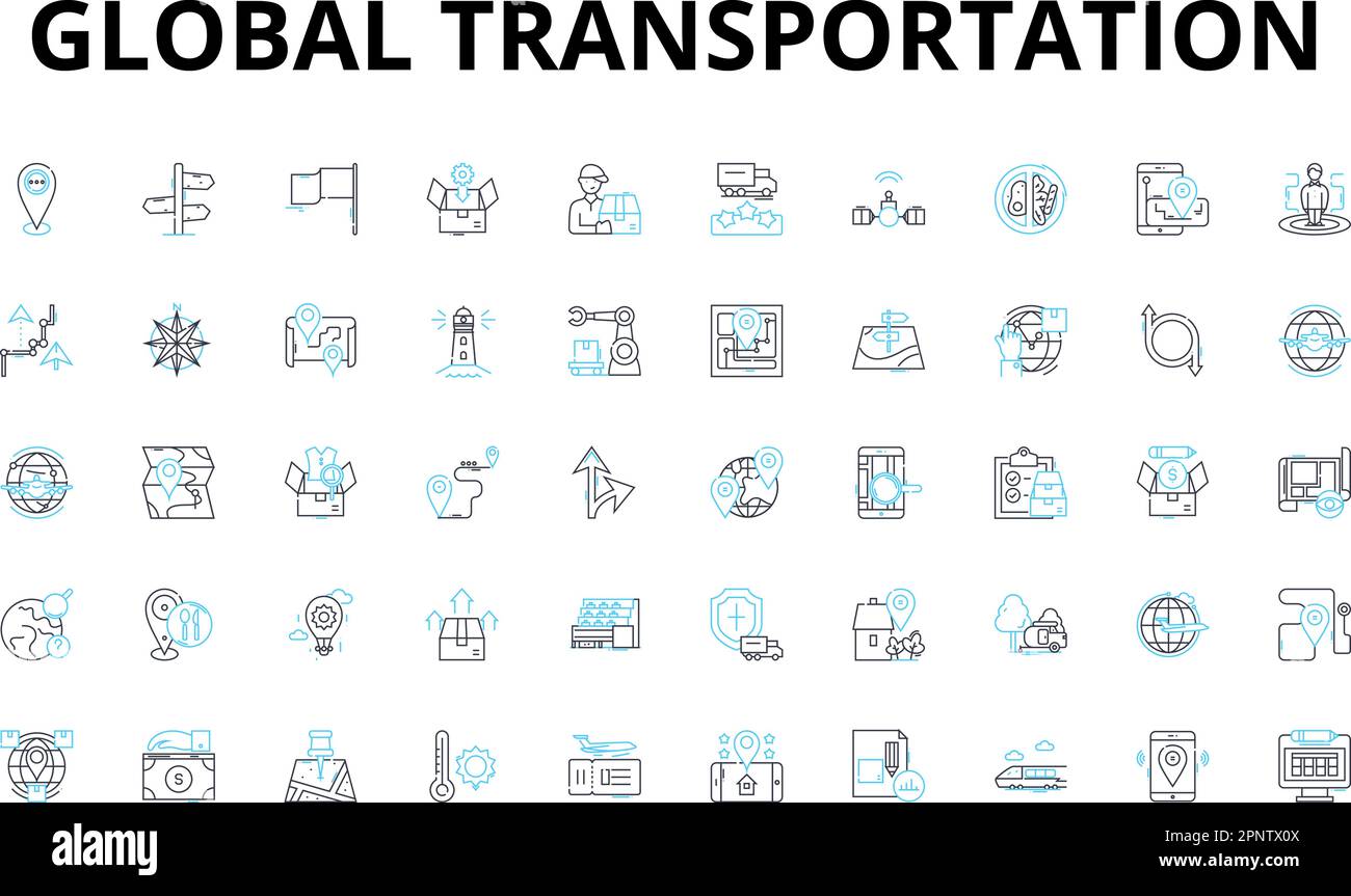 Set di icone lineari per il trasporto globale. Logistica, Trasporti, trasporto, carico, esportazione, Importazione, trasporto di simboli vettoriali e segnali di concetto di linea. Commercio Illustrazione Vettoriale