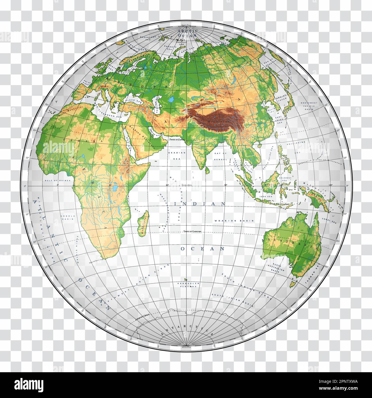 Mappa del mondo fisico altamente dettagliata in forma di globo della Terra. Proiezione globulare Nicolosi – 3D. Illustrazione Vettoriale Mappa del mondo fisico altamente dettagliata in forma di globo della Terra. Proiezione globulare Nicolosi – 3D. Illustrazione Vettoriale