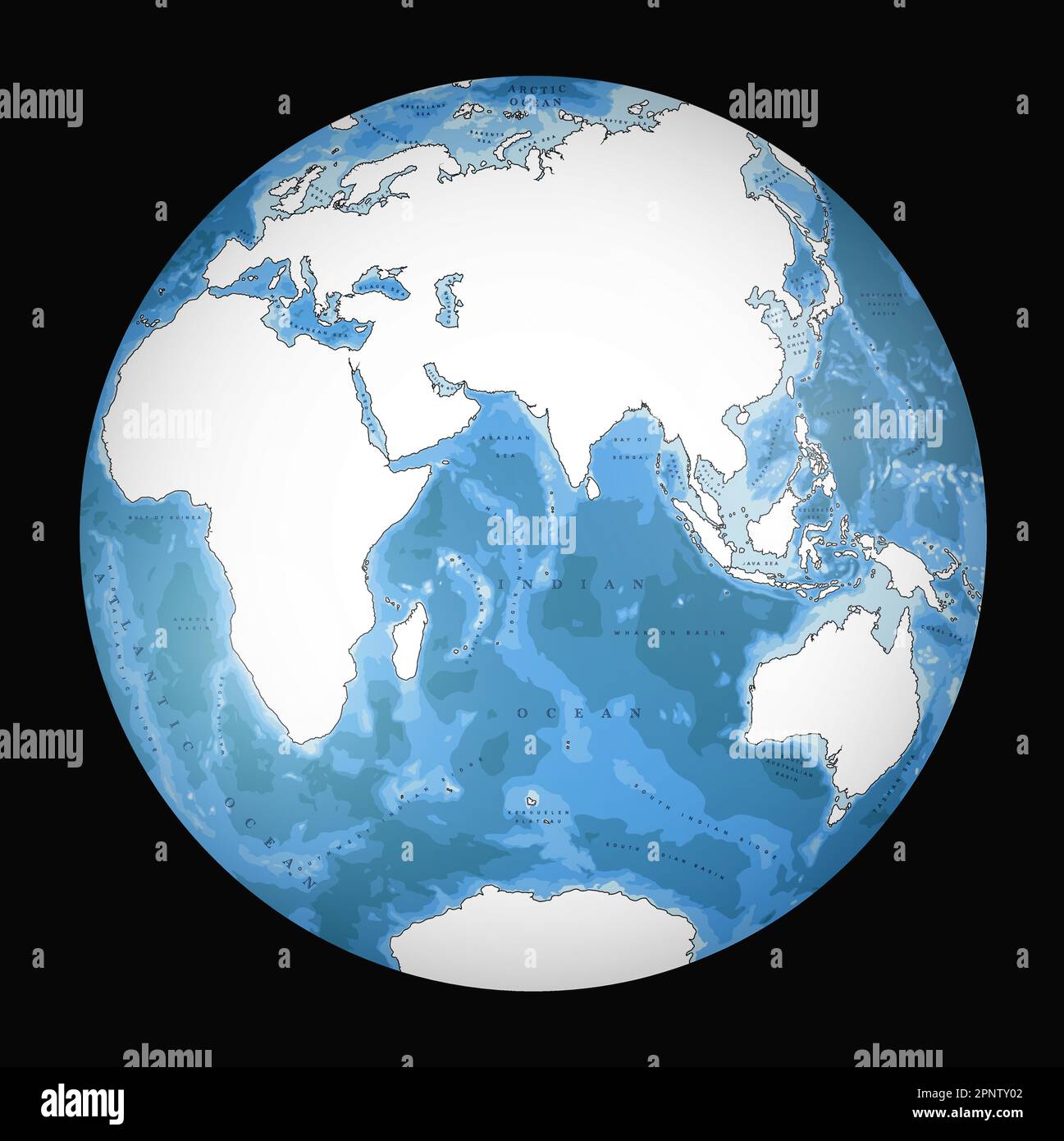 Silhouette della mappa mondiale estremamente dettagliata a forma di globo. Proiezione globulare Nicolosi – 3D. Illustrazione Vettoriale