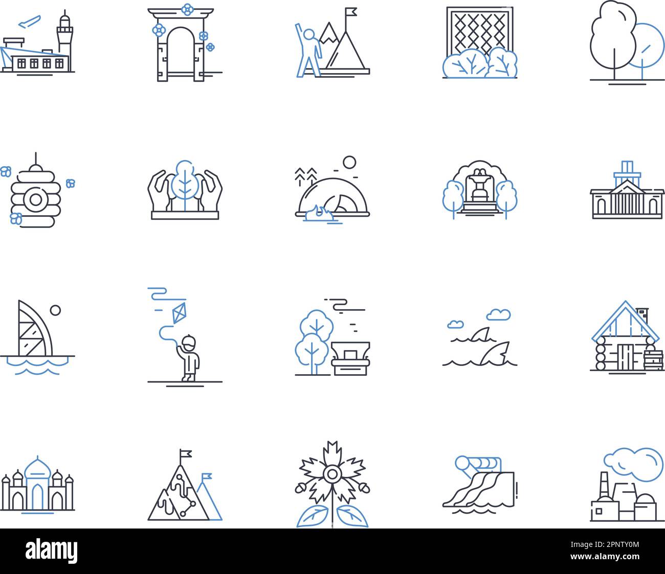 Tundra appartamenti linea icone collezione. Freddo, arido, artico, glaciale, subarctico, Permafrost, vettore Snowy e illustrazione lineare. Ghiaccio, nevicate Illustrazione Vettoriale