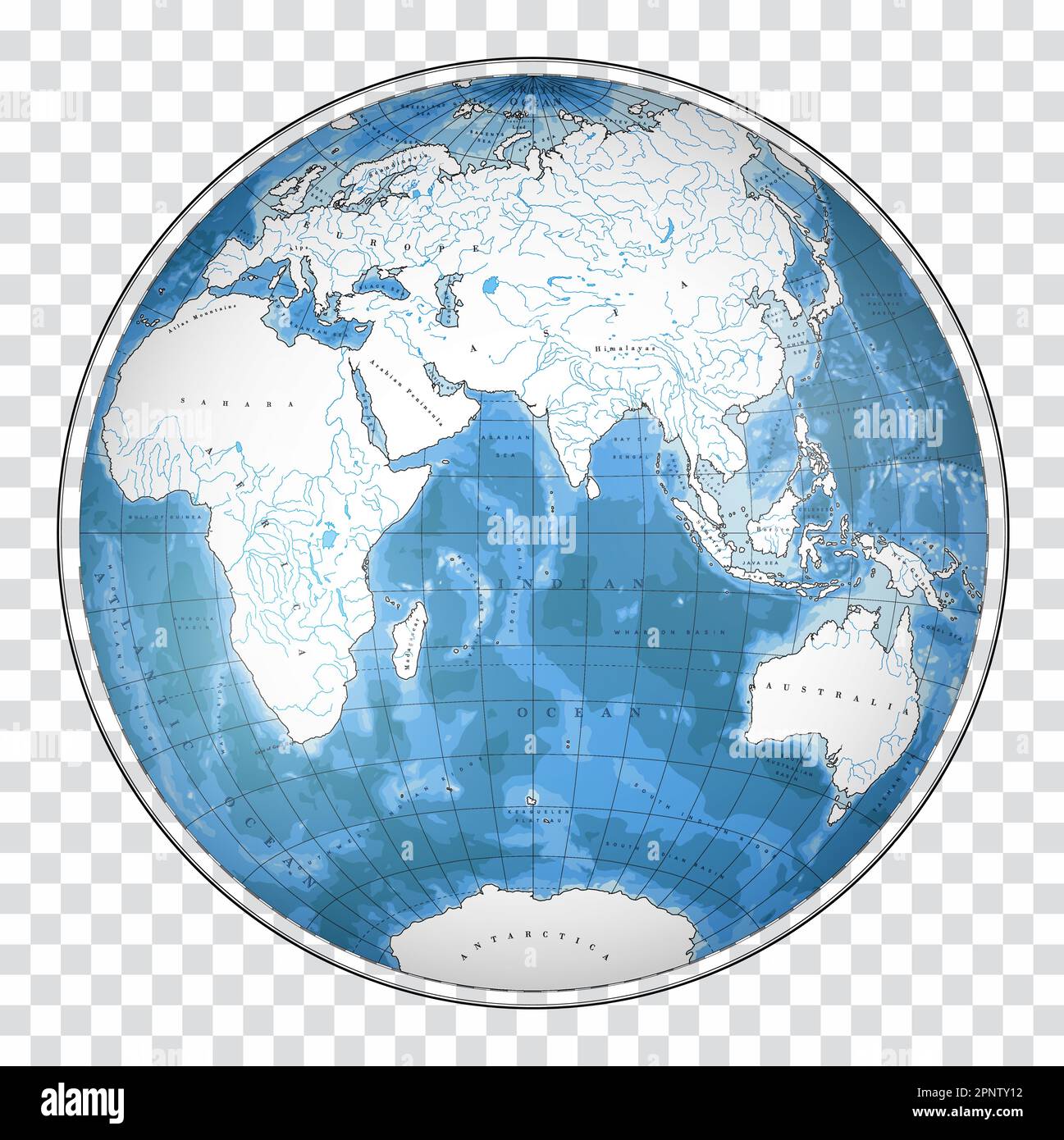 Silhouette della mappa mondiale estremamente dettagliata a forma di globo. Proiezione globulare Nicolosi – 3D. Illustrazione Vettoriale