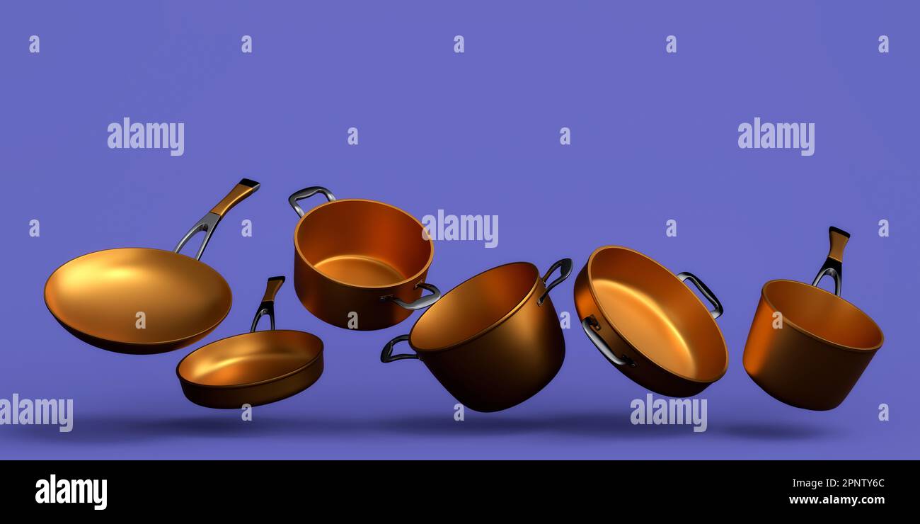 Set di pentole volanti, padella e pentole cromate su sfondo blu Foto Stock