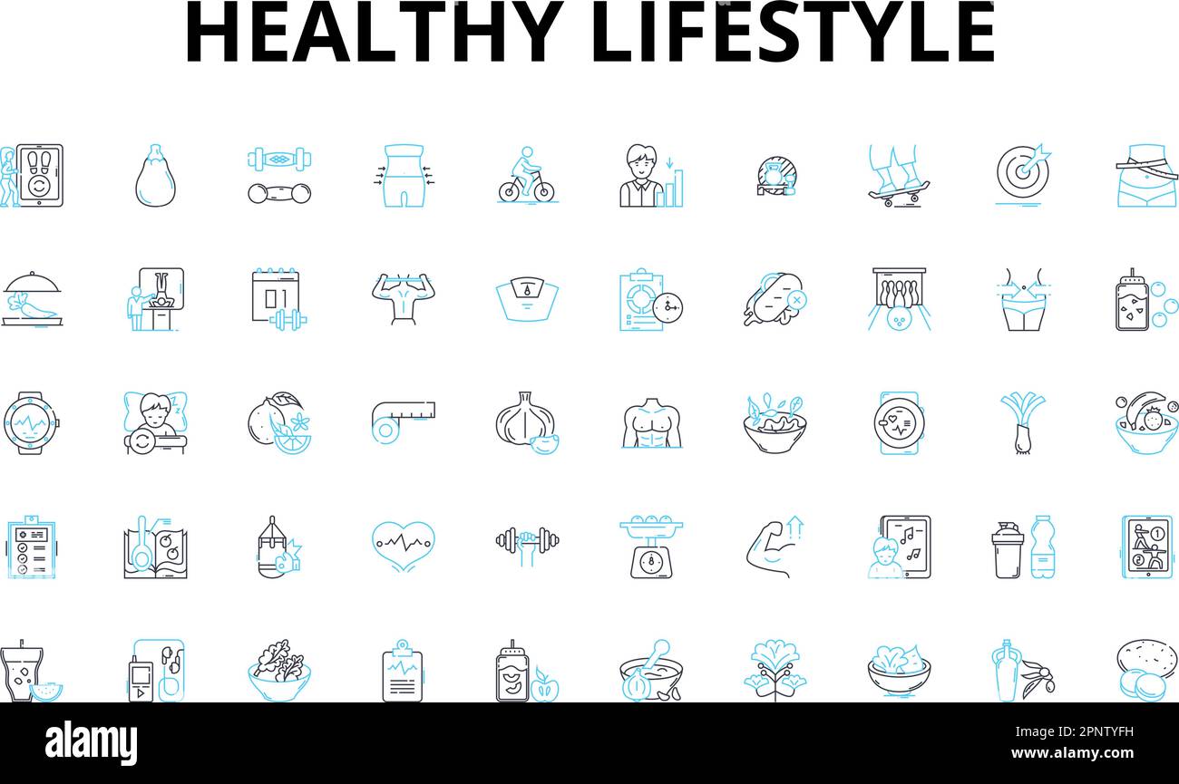 Set di icone lineari per uno stile di vita sano. Nutrimento, Fitness, benessere, equilibrio, Nutrizione, Esercizio fisico, simboli vettoriali di idratazione e segni di concetto di linea Illustrazione Vettoriale