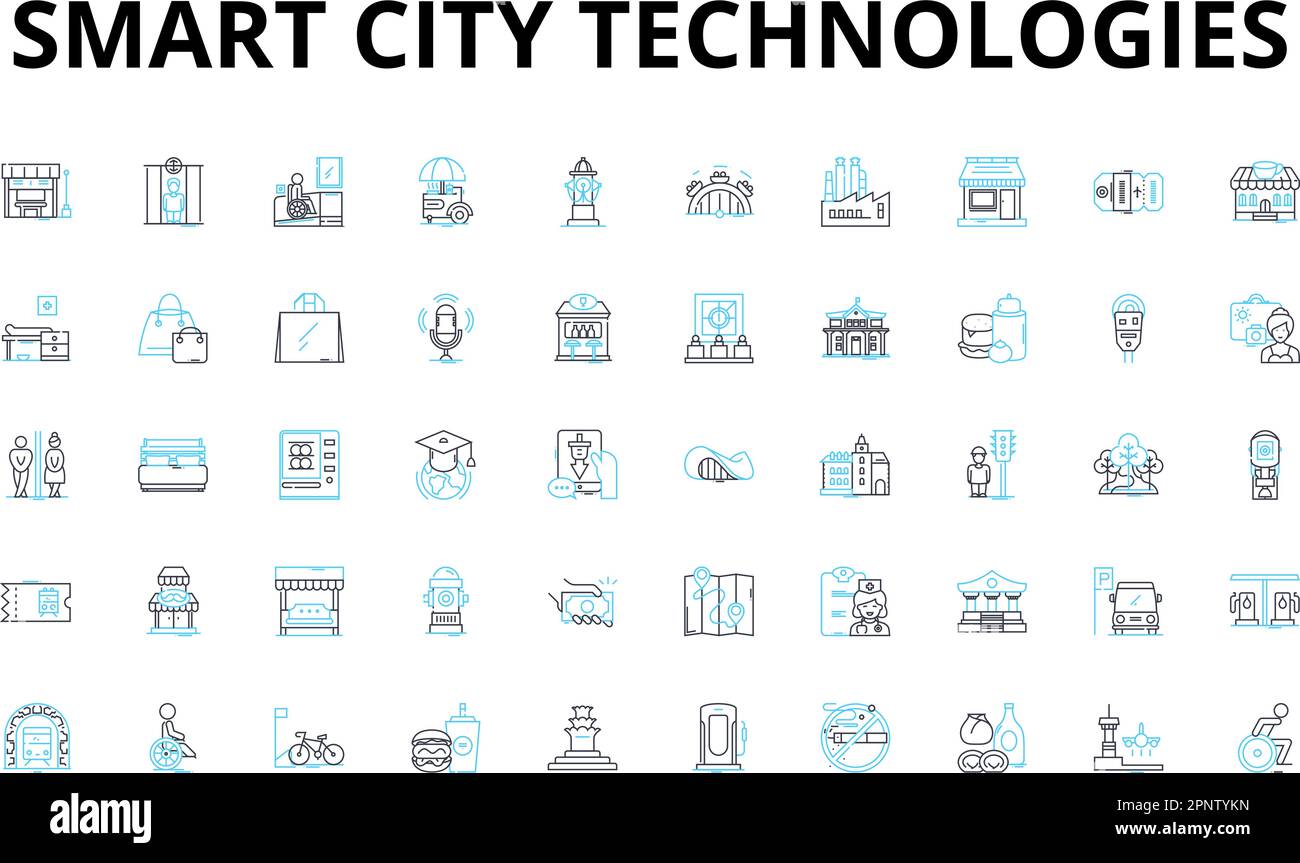 Set di icone lineari per tecnologie smart city. IoT, sostenibilità, automazione, innovazione, digitalizzazione, Connettività, simboli vettoriali di mobilità e linea Illustrazione Vettoriale