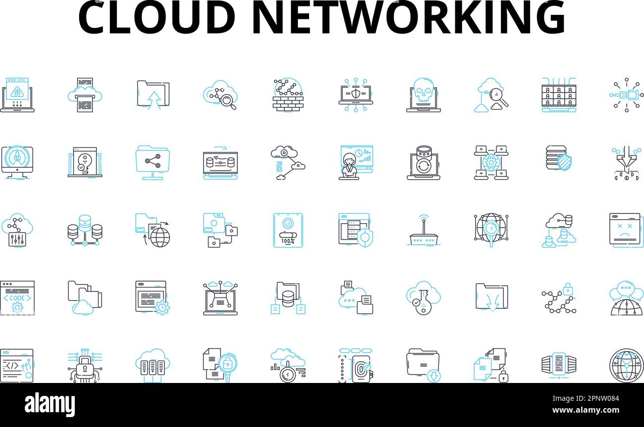 Set di icone lineari per il cloud networking. Virtualizzazione, scalabilità, elasticità, automazione, multi-tenancy, Agilità, flessibilità, simboli vettoriali e linee Illustrazione Vettoriale