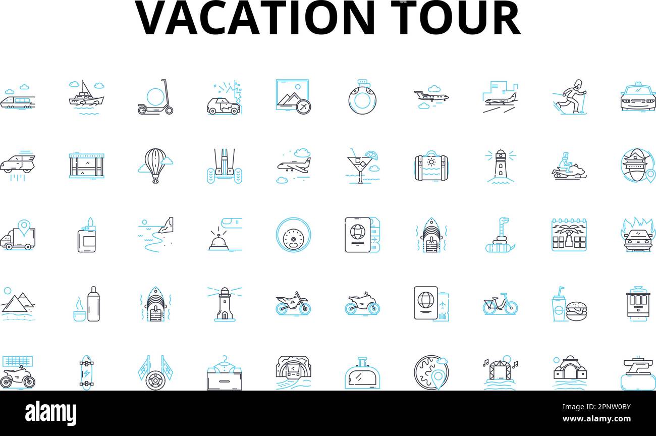Set di icone lineari del tour delle vacanze. Avventura, relax, esplorazione, Cultura, esotico, Natura, simboli vettoriali Bliss e segni di concetto di linea. Serenità Illustrazione Vettoriale