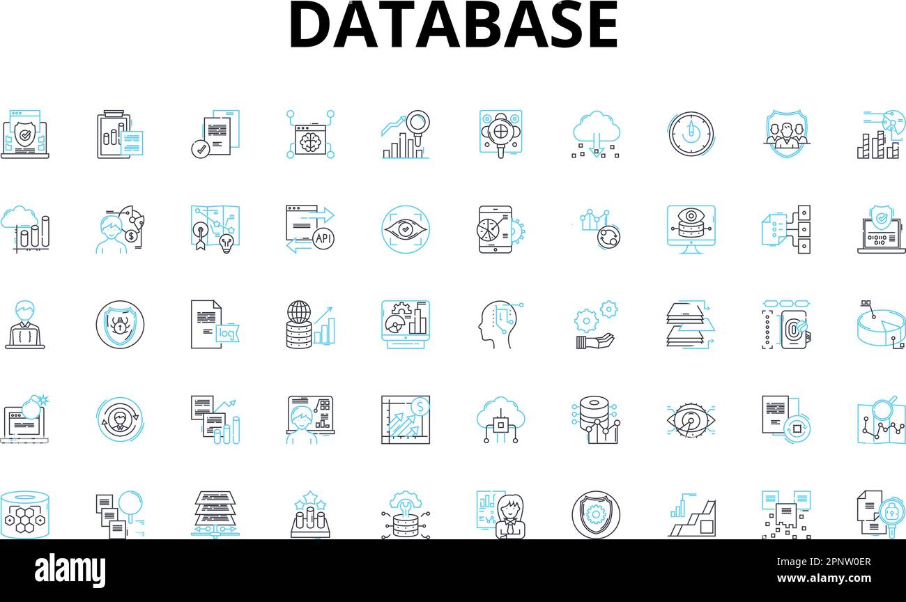 Set di icone lineari del database. Recupero, normalizzazione, interoperabilità, partizionamento, sharding, Backup, clustering dei simboli vettoriali e informazioni sulle linee Illustrazione Vettoriale