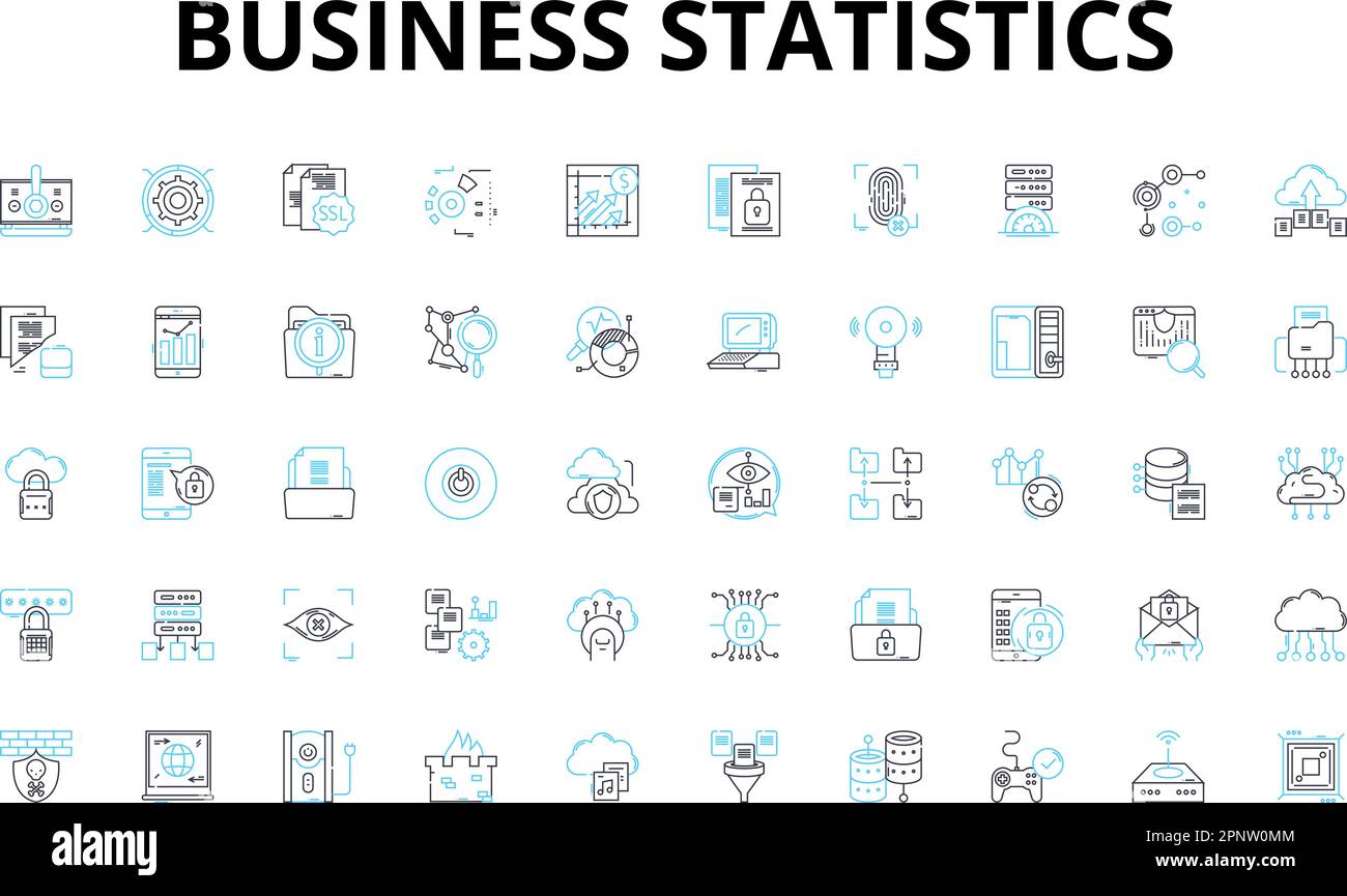 Set di icone lineari per statistiche aziendali. Analisi, previsione, dati, probabilità, tendenze, Variabilità, simboli vettoriali di correlazione e segni di concetto di linea Illustrazione Vettoriale