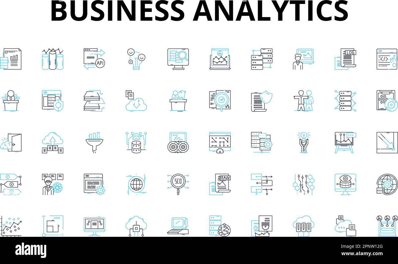 Set di icone lineari per l'analisi aziendale. Basato sui dati, Approfondimenti, intelligenza, metriche, analisi, Ottimizzazione, simboli vettoriali predittivi e concetto di linea Illustrazione Vettoriale