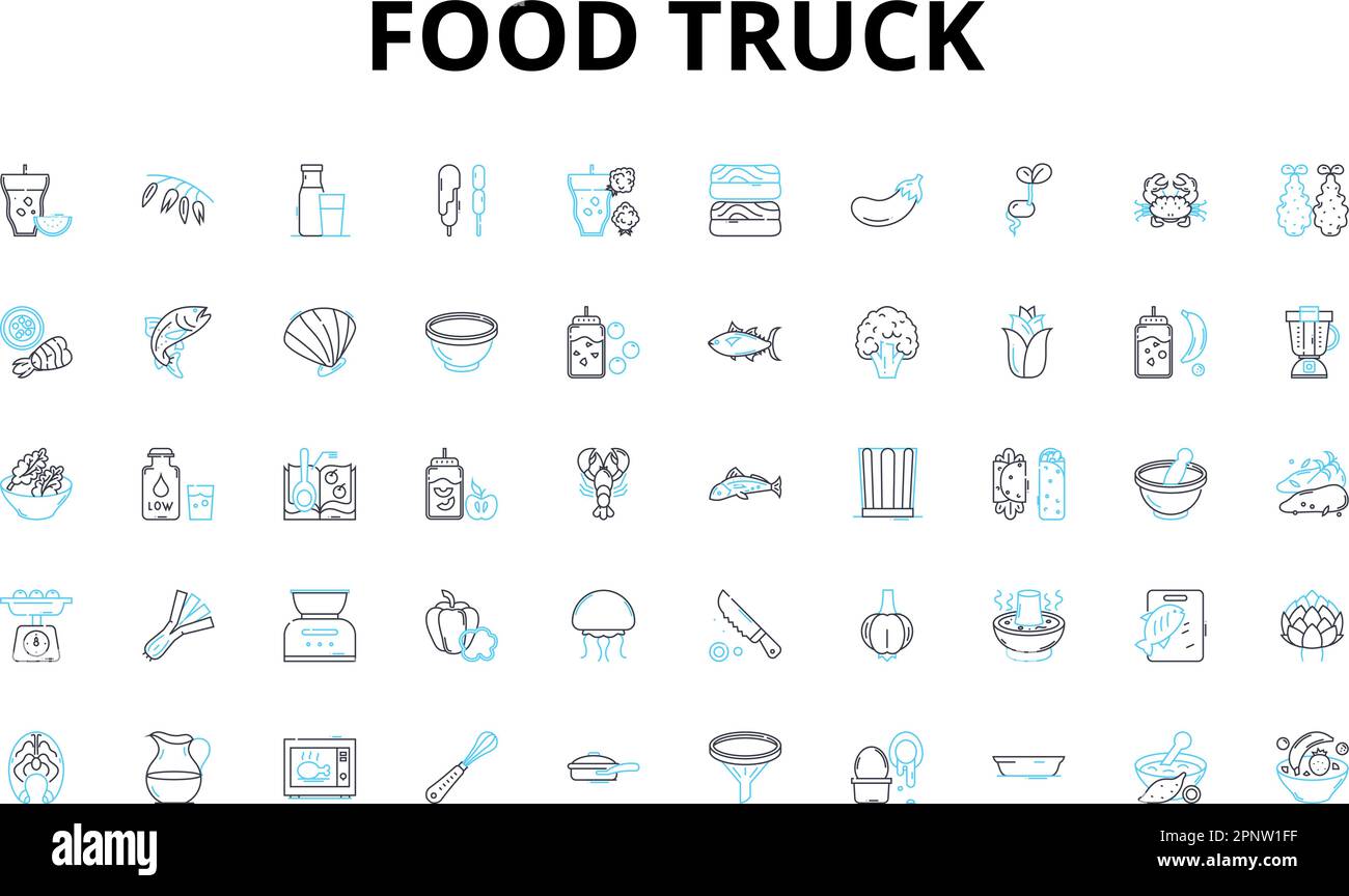 Set di icone lineari per veicoli alimentari. Tacos, hamburger, Nachos, panini, hot dog, Pizza, simboli vettoriali di quesadillas e segni di concetto di linea. Gyros, Curry, Fried Illustrazione Vettoriale
