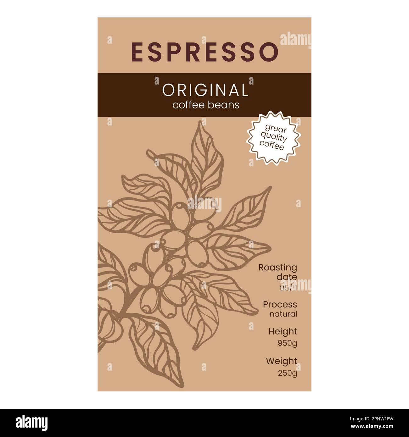 CONFEZIONE ESPRESSO Design originale di Label of Coffee Beans modello di confezionamento con trafilato a mano Branch Coffee Tree su sfondo marrone chiaro Vector illustra Illustrazione Vettoriale