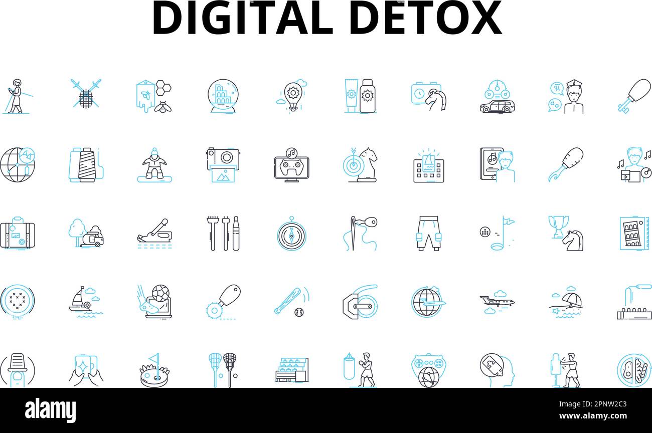 Set di icone lineari per detox digitali. Scollegare, scollegare, ricollegare, consapevolezza, bilanciamento, Messa a fuoco, simboli vettoriali di rilassamento e segnali di concetto di linea. Benessere Illustrazione Vettoriale
