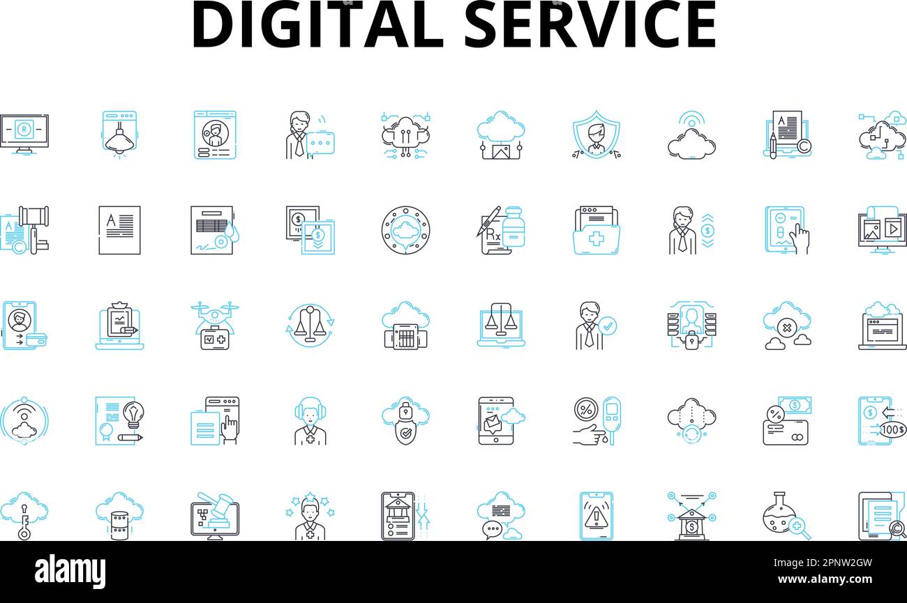 Set di icone lineari del servizio digitale. Online, virtuale, connesso, sociale, automatizzato, Simboli vettoriali efficienti e semplificati e segni di concetto di linea. Agile Illustrazione Vettoriale