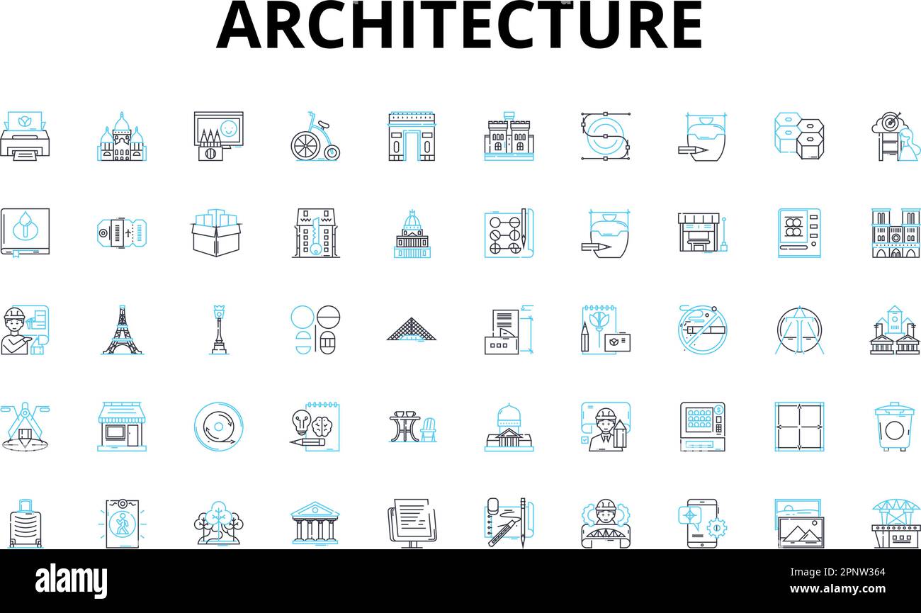 Set di icone lineari per architettura. Forma, funzione, progettazione, spazio, struttura, Innovazione, simboli vettoriali di estetica e segni di concetto di linea. Materialità Illustrazione Vettoriale