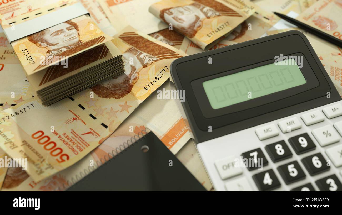 Le note bolivar venezuelane sono distribuite con una calcolatrice, una penna e un taccuino. rendering 3d Foto Stock