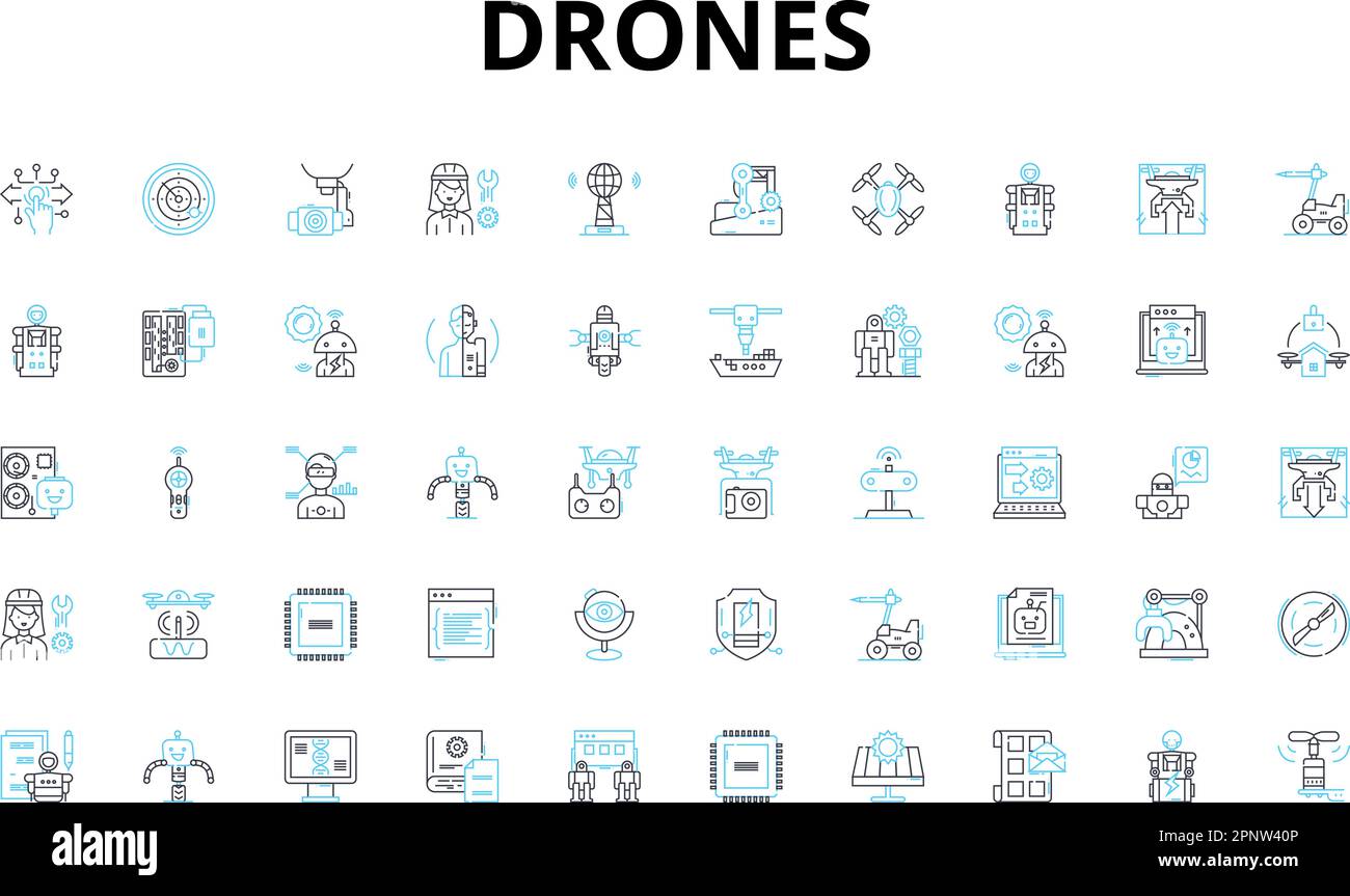 Set di icone lineari droni. Volo, Quadcopters, telecomandato, senza equipaggio, hovering, Segnali aerei, simboli vettoriali di sorveglianza e segnali di concetto di linea Illustrazione Vettoriale