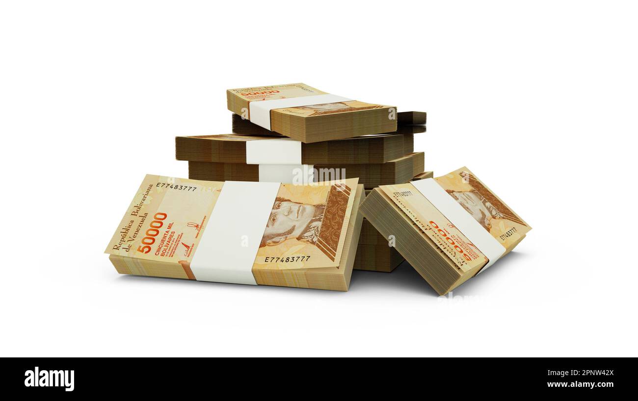 3D rendering di Stack di bolivar venezuelano note. Pacchetti di banconote venezuelane isolate su sfondo bianco Foto Stock