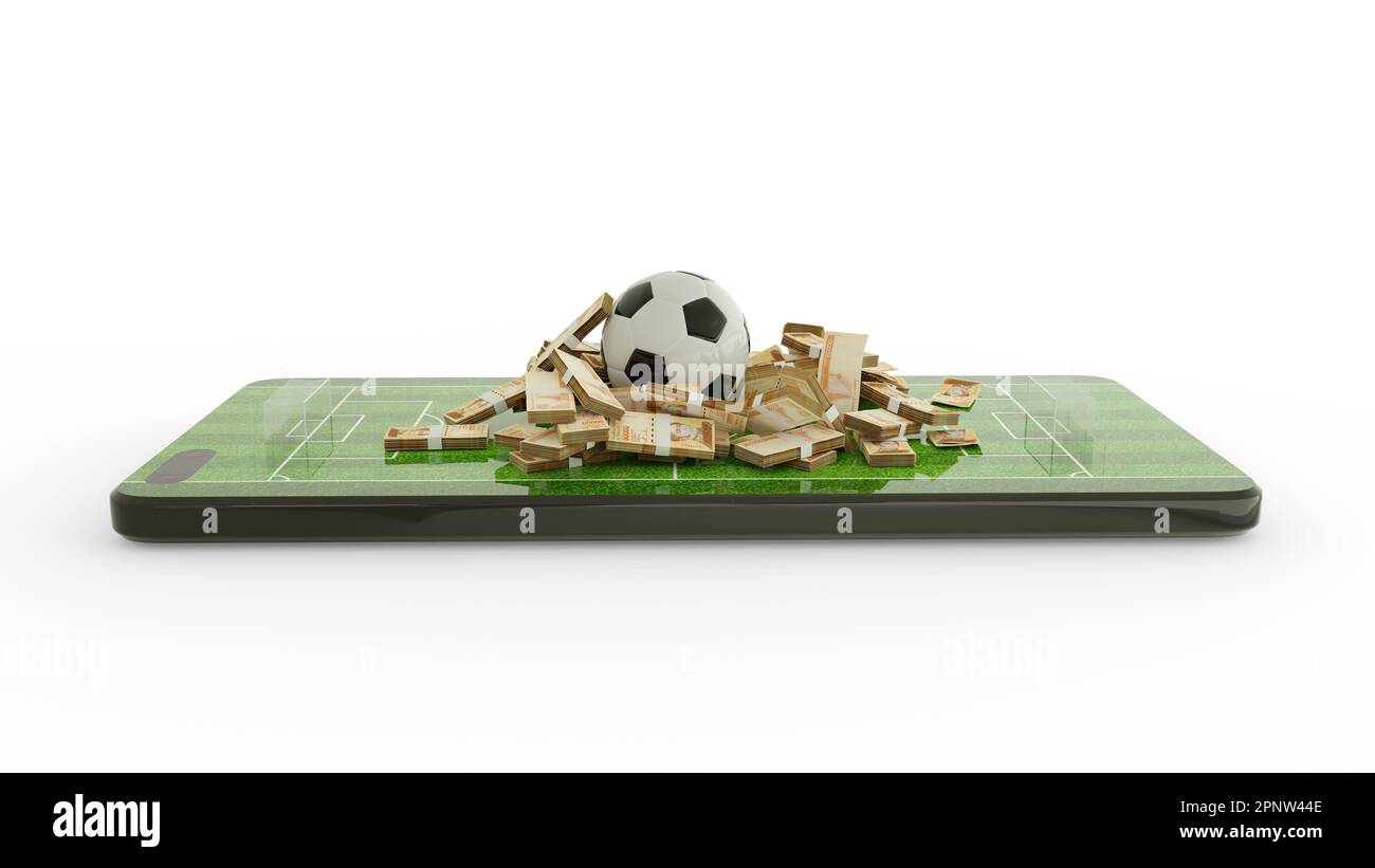 Concetto di scommesse sul calcio. Calcio e bolivar venezuelano note sullo schermo del telefono. Campo di calcio sullo schermo dello smartphone isolato su sfondo bianco. scommetti e. Foto Stock