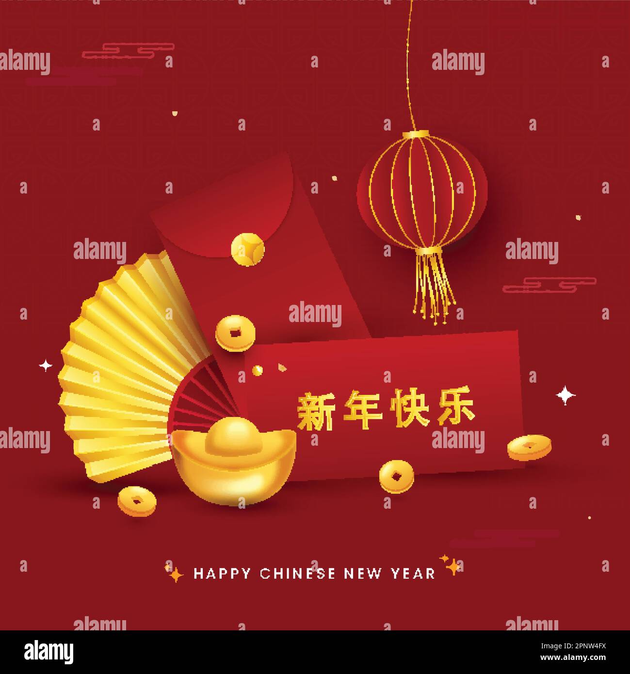 Scritta cinese di Golden Happy New Year con busta, lingotti, monete d'oro Qing, ventilatore pieghevole, Lanterna di carta Hang su sfondo rosso. Illustrazione Vettoriale