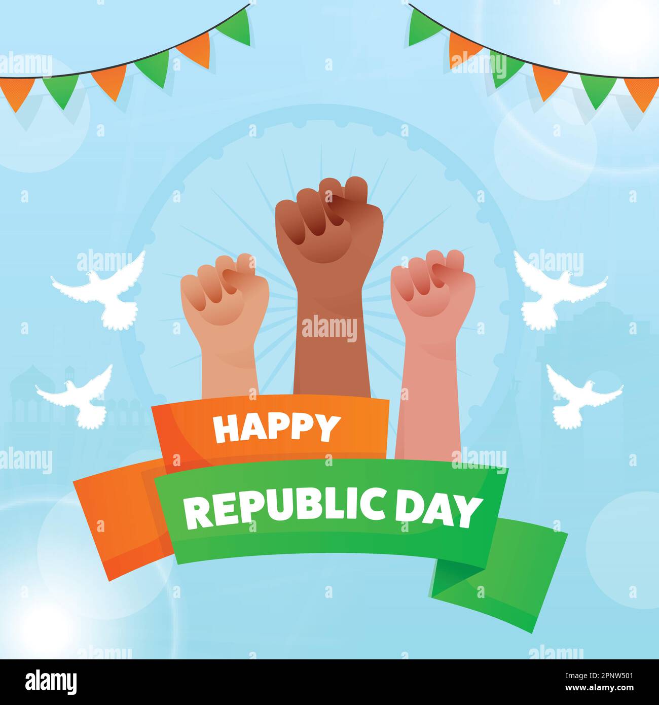 Nastro di testo Happy Republic Day con mani in alto, piccioni volanti e bandiere di conigliatura su sfondo ciano lucido. Illustrazione Vettoriale