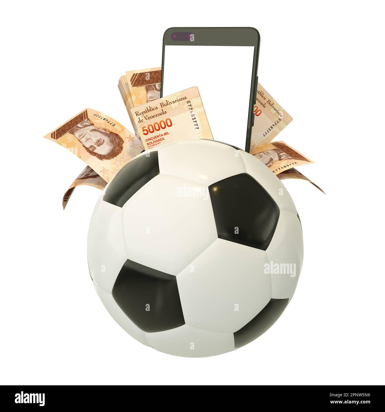 3D rendering di bolivar venezuelano note e telefono dietro palla di calcio. Scommesse sportive, scommesse calcio concetto isolato su sfondo bianco. beffa Foto Stock