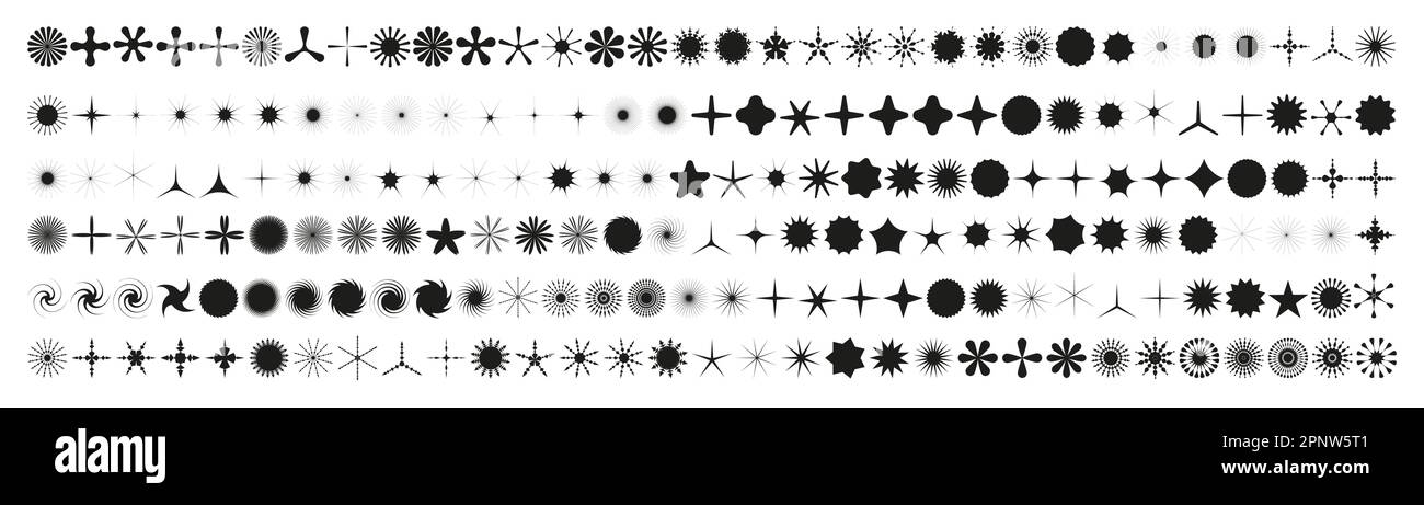 Semplici elementi neri minimalisti, forme geometriche astratte brutaliste. Forma base Y2K figura fiore, grano, cristallo, fiocco di neve, stella, scintilla. Svizzera Illustrazione Vettoriale