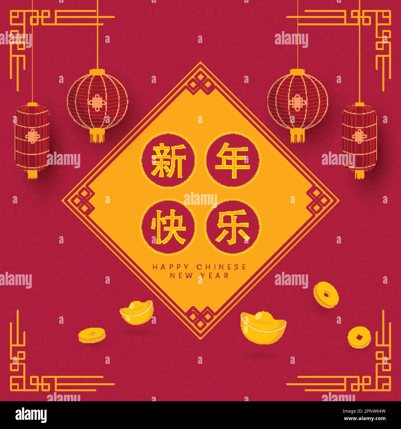 Mandarin testo di felice anno nuovo cinese su cornice Rhombus con monete Qing, lingotti, Lanterns Hang su sfondo orientale asiatico rosa scuro. Illustrazione Vettoriale