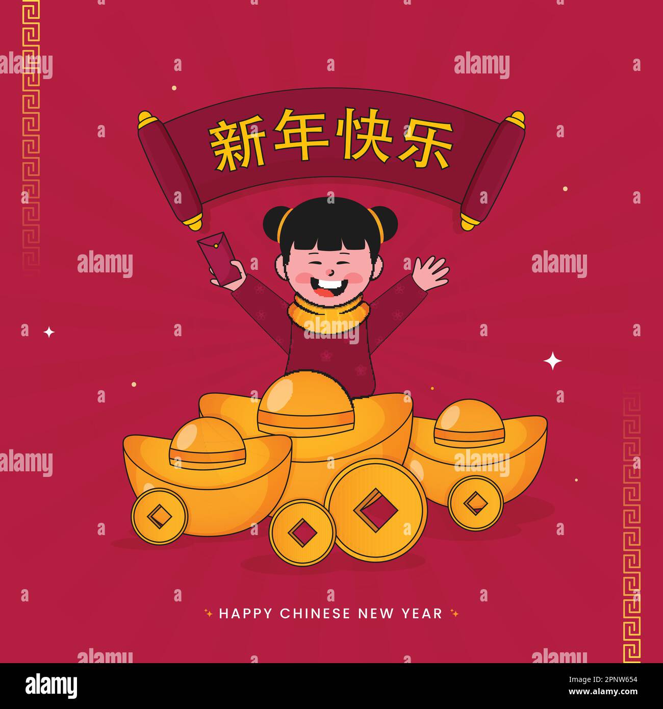 Allegra busta cinese della tenuta della ragazza con i lingotti, monete di Qing sui raggi rossi di fondo per il concetto cinese di nuovo anno. Illustrazione Vettoriale