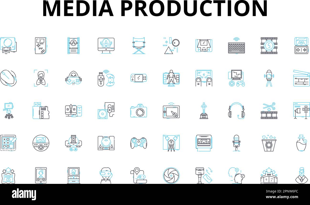 Set di icone lineari per la produzione di supporti. Film, Video, Audio, Multimedia, Podcast, Trasmissione, registrazione di simboli vettoriali e segnali di concetto di linea Illustrazione Vettoriale