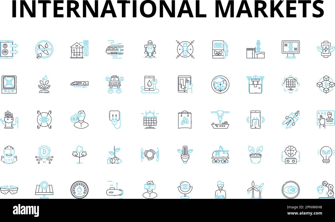 Set di icone lineari per i mercati internazionali. Globalizzazione, commercio, esportazione, importazione, transfrontaliero, Scambio, simboli vettoriali multinazionali e concetto di linea Illustrazione Vettoriale