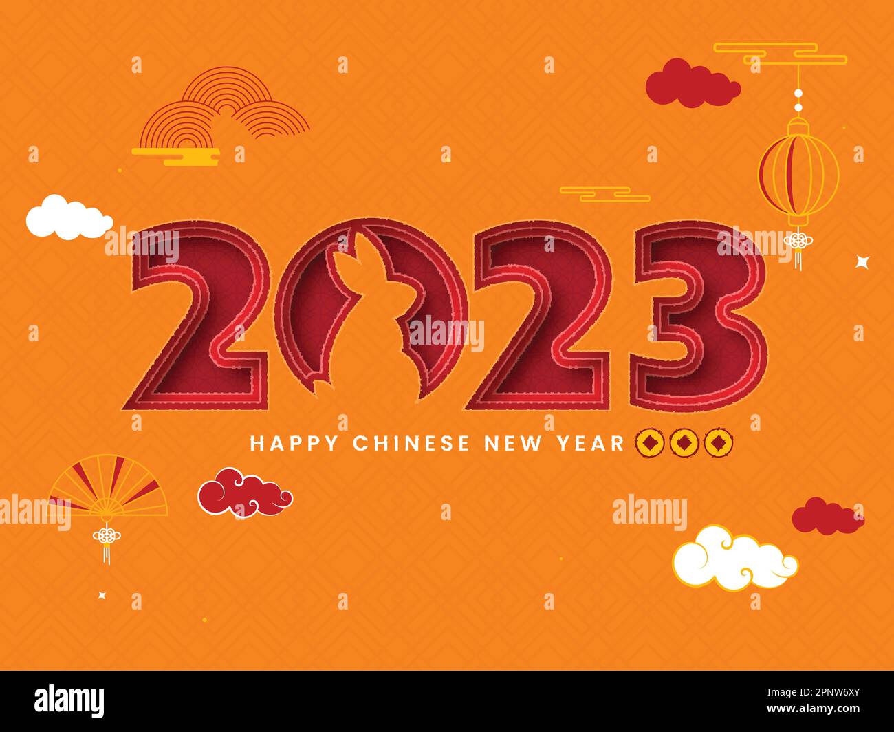 Strato di carta taglio 2023 numero con coniglio, monete Qing, nuvole su arancione Sacro rombo modello geometrico sfondo per felice cinese nuovo anno concetto. Illustrazione Vettoriale