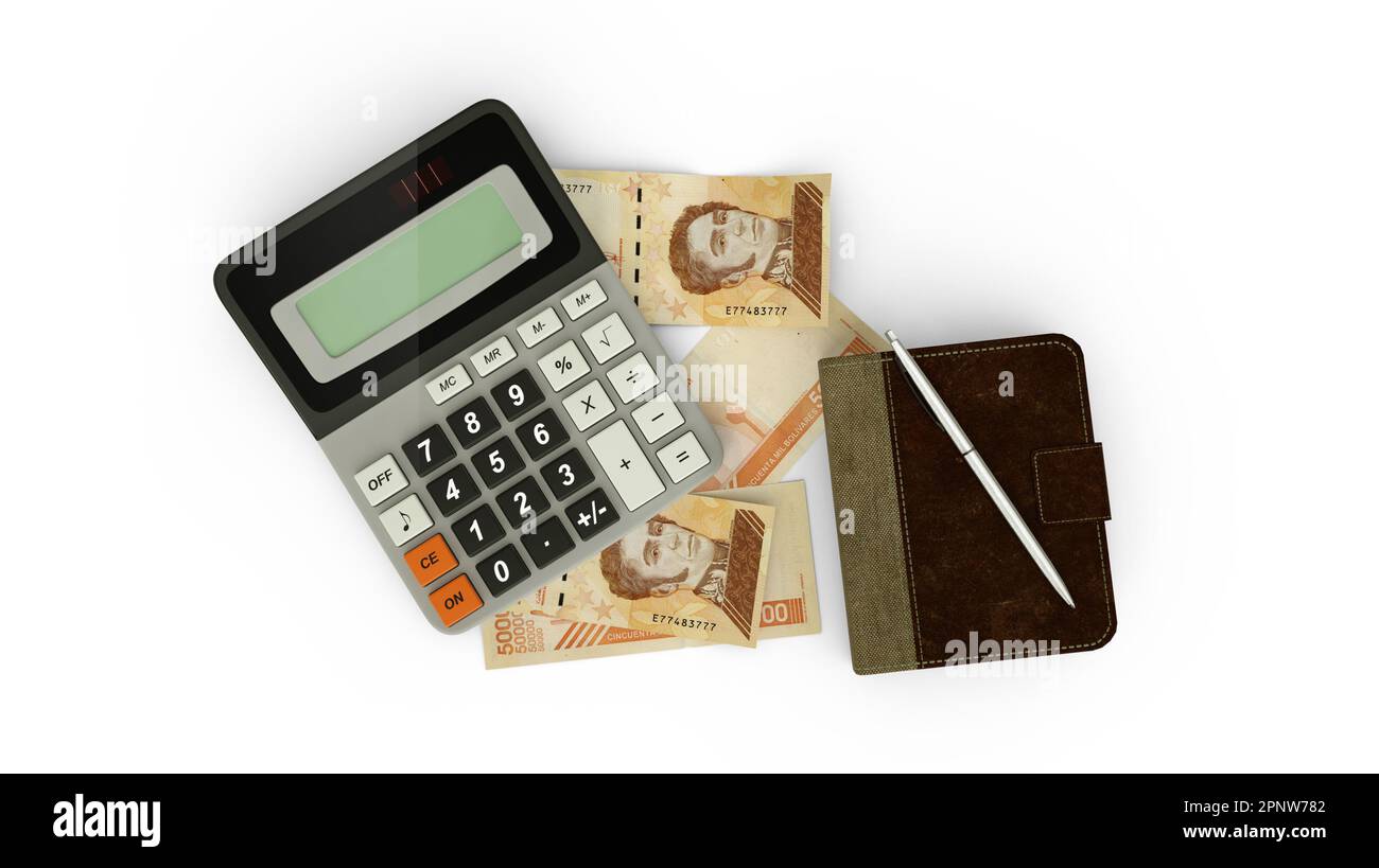3D rappresentazione di una composizione isolata di note bolivar venezuelane, una calcolatrice, un libro di note e una penna Foto Stock