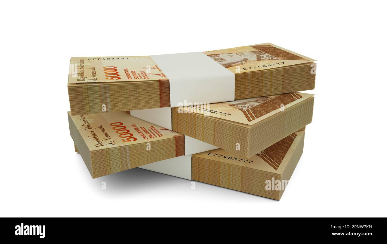 3D rendering di Stack di bolivar venezuelano note. Pochi pacchetti di valuta venezuelana isolati su sfondo bianco Foto Stock