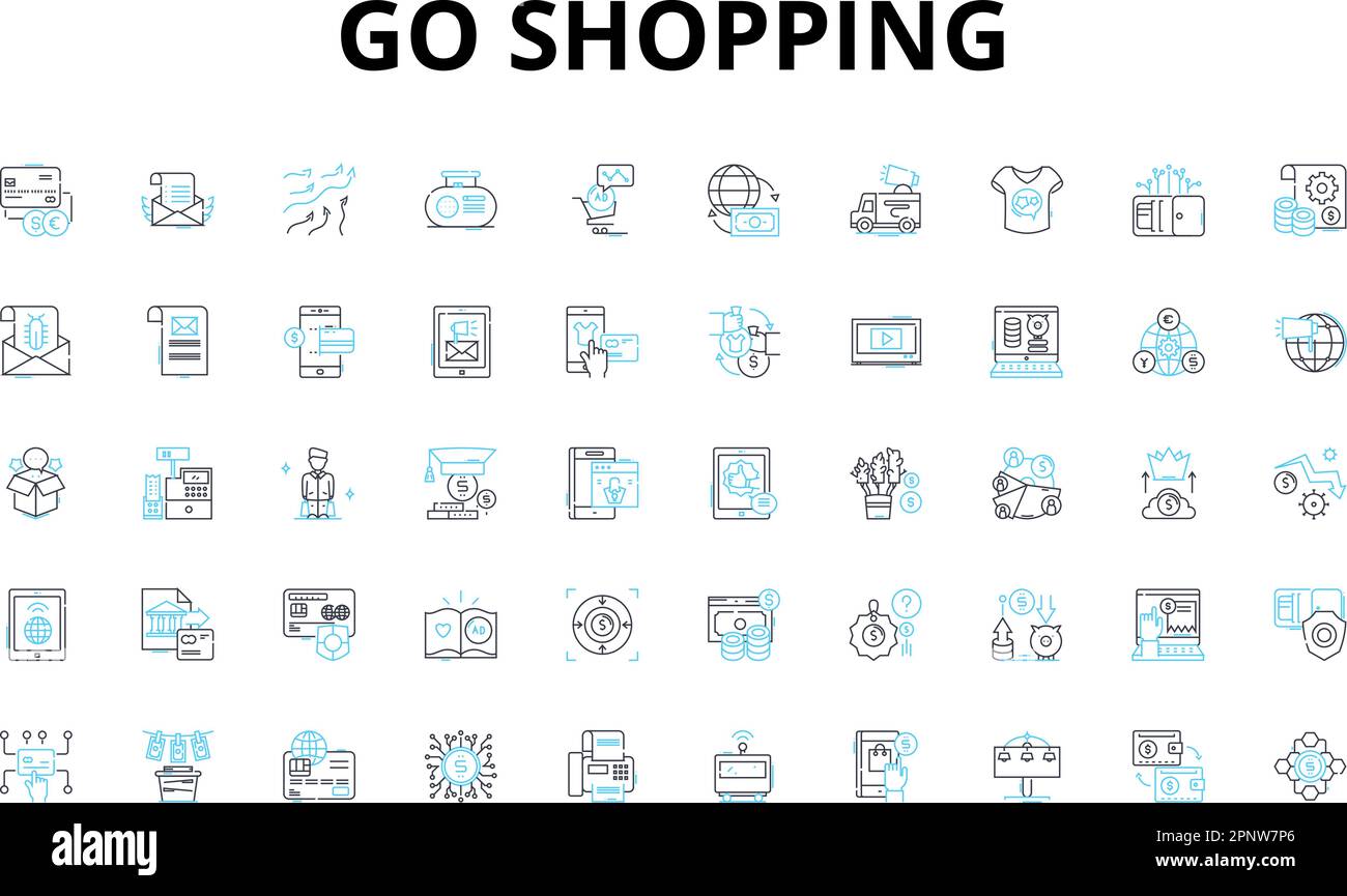 Vai shopping lineare icone set. Retail, Mall, alimentari, Boutique, Megastore, Outlet, simboli vettoriali del carrello e segnali di concetto di linea. Reparto Illustrazione Vettoriale