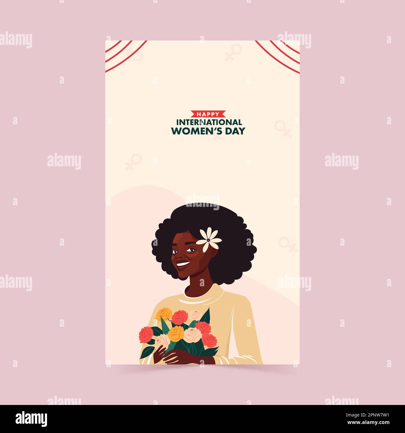 Banner verticale Happy International Women's Day con bouquet di mantenimento del personaggio della giovane donna africana. Illustrazione Vettoriale